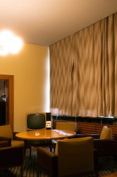 A cozy vintage living room featuring retro furniture and an old television.