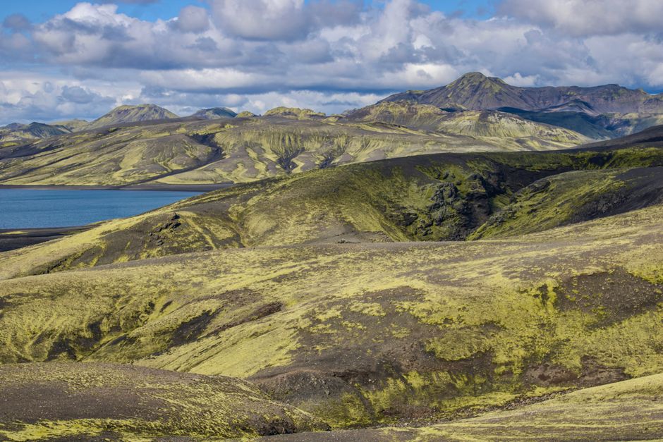 Paysage volcanique du sud de l'Islande avec lac et collines de mousse