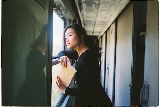 Woman gazing out train window, holding book in quiet reflection.