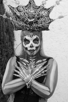 A person in striking skull makeup and intricate crown posing artistically.