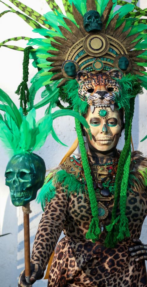 Free A person in an elaborate tribal costume with leopard print and vibrant green feathers, holding a skull staff. Stock Photo