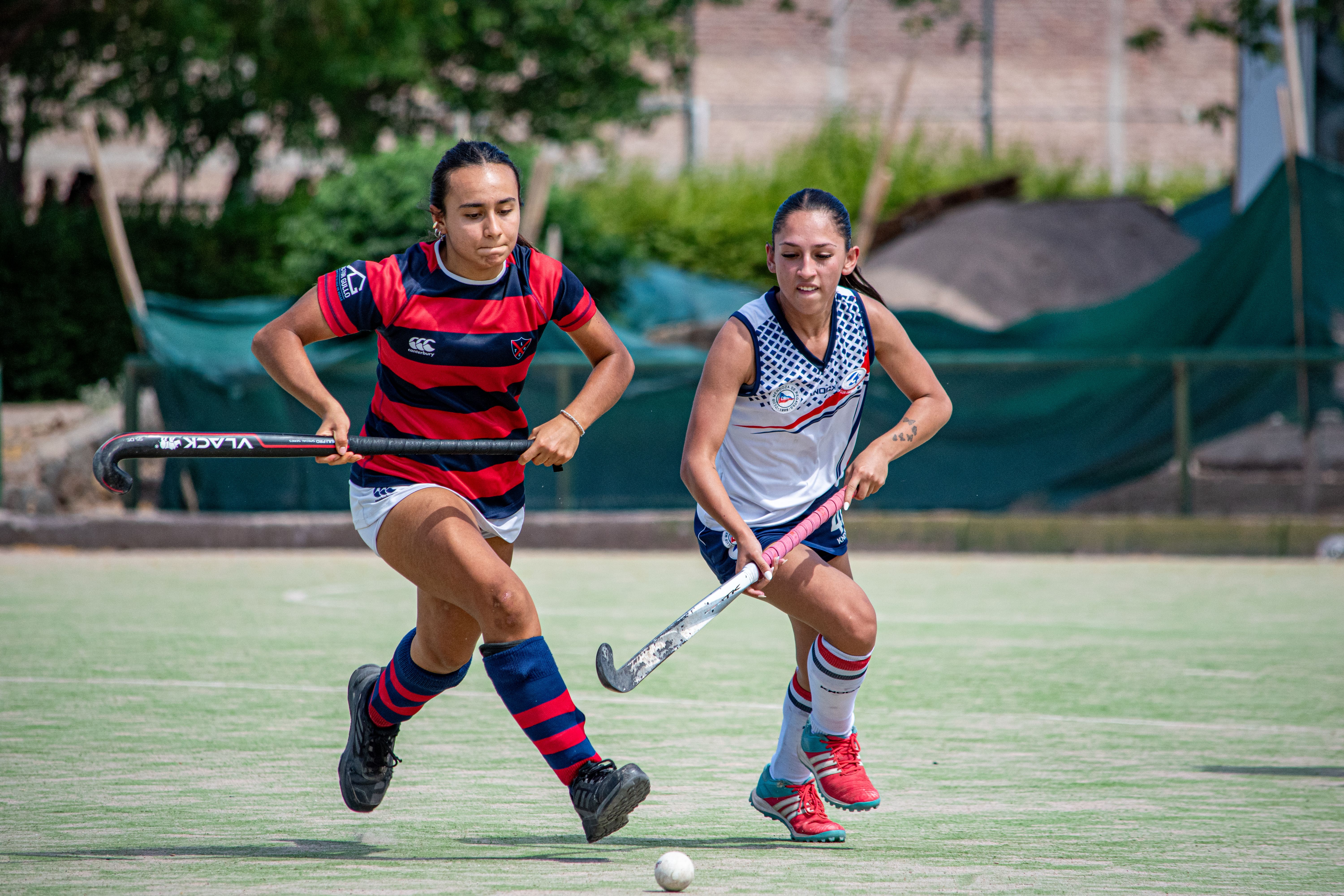 De franc Dues atletes femenines competeixen ferotgement en un partit d'hoquei herba a l'aire lliure sota un cel assolellat. Foto d'estoc
