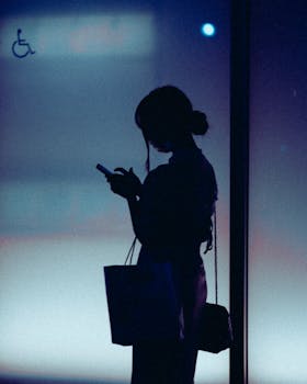 A woman silhouetted against a gradient background using her phone in Tokyo.