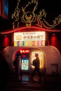 Capturing a neon-lit dragon sign in Tokyo's lively Shinjuku district at night.