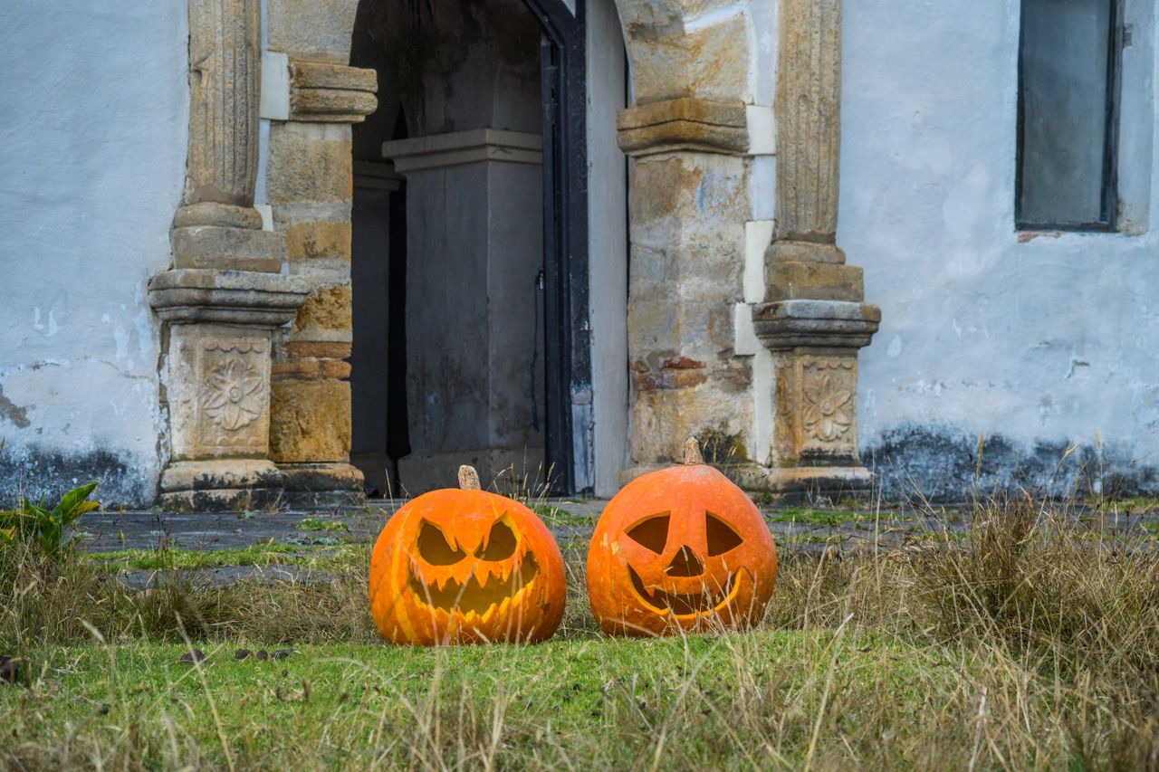two carved pumpkins sit by an old building in guasca colombia
