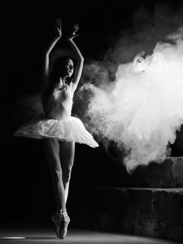A graceful ballerina performs under a dramatic spotlight amidst swirling smoke.