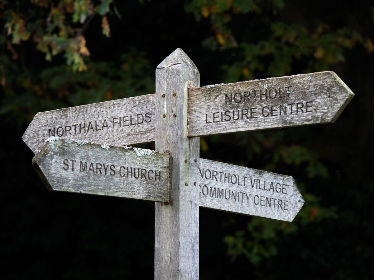 Signpost in a rural setting showing directions to several nearby places