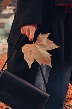 Person holding a maple leaf and black bag in an autumn setting. Shot outdoors, a perfect fall vibe.