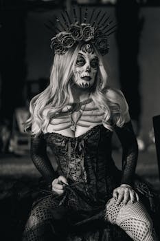 Elegant catrina costume and makeup celebrating Mexican culture in black and white.