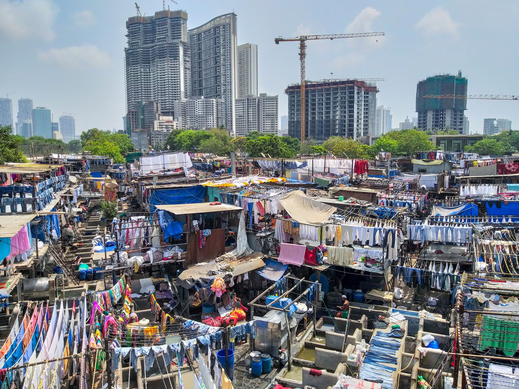 Laundry drying at Mahalaxmi's Dhobi Ghat, with the skyline behind