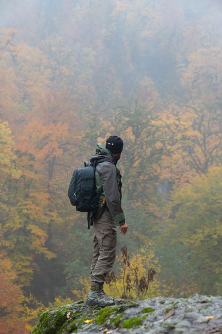 A lone hiker on a rock ledge in a misty autumn forest, wearing outdoor gear.