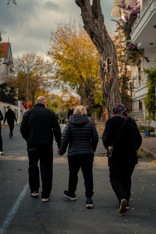 Free Three individuals stroll down a serene, tree-lined street in autumn. Stock Photo