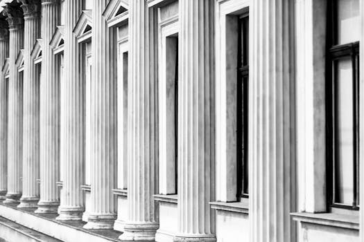 Black and white photo capturing elegant classical columns in Vienna, Austria.