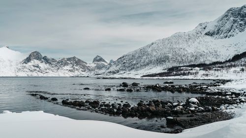 Free Serene snowy mountains and icy bay in Northern Norway create a breathtaking arctic landscape. Stock Photo