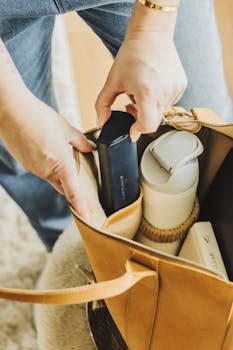 Top view of a stylish leather tote filled with fashionable essentials.