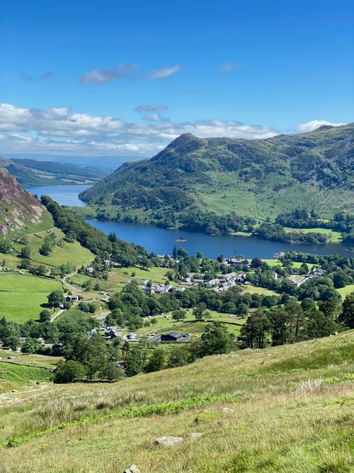 Free Aerial view of Ullswater Lake in Lake District, showcasing lush greenery and serene waters. Stock Photo