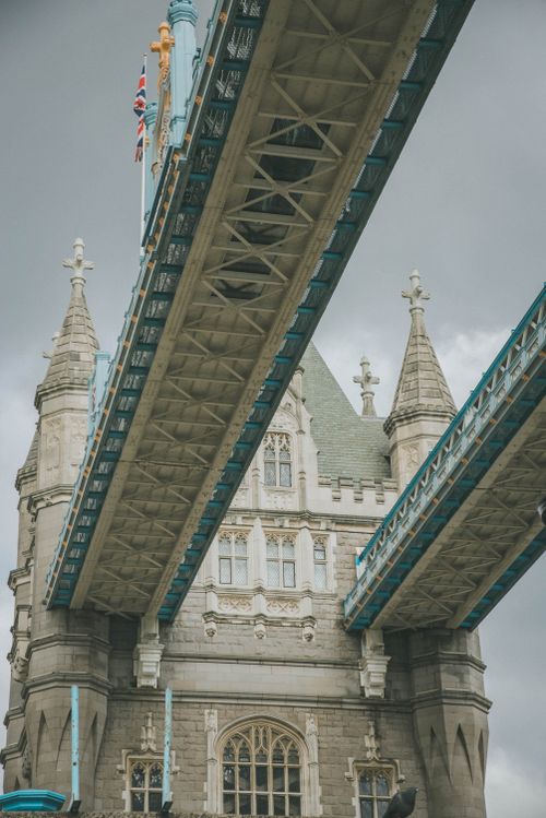 Free Close-up view of the Tower Bridge architecture in London with overcast sky. Stock Photo