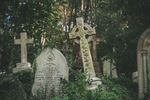 Free Mysterious gravestones surrounded by lush ivy in London’s iconic Highgate Cemetery. Stock Photo