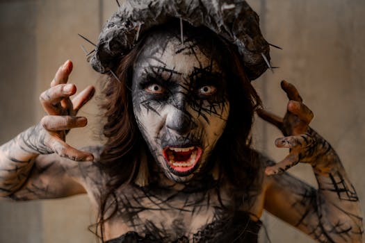 A dramatic portrait of a person with surreal horror makeup and a spiked headpiece, evoking a gothic atmosphere.