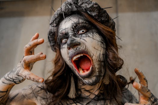 A gripping surreal horror portrait featuring intense makeup and expression.