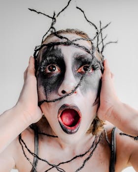 A striking surreal portrait of a person with dramatic horror makeup entangled in twisted vines, exuding mystery.