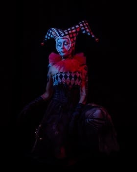 A hauntingly artistic portrayal of a jester in gothic costume with vivid makeup.