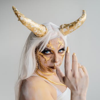 Captivating surreal portrait with golden horns and artistic makeup, evoking fantasy themes.