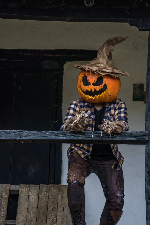 Free A person in a Halloween pumpkin head costume leans on a wooden railing outdoors. Stock Photo