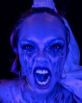 Close-up portrait of a woman in intricate horror-themed makeup under blue lighting.