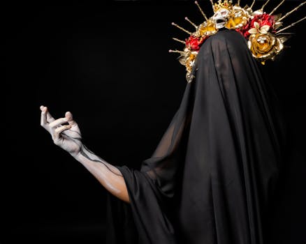 A surreal portrait featuring gothic horror elements and a skeletal crown, perfect for Halloween themes.