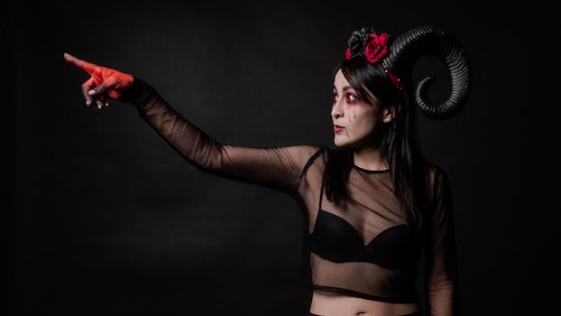 A dramatic portrait featuring a gothic costume and surreal makeup, perfect for Halloween themes.