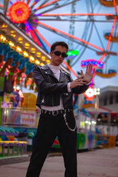 Teenager in leather jacket striking a pose at an illuminated amusement park.
