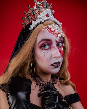 Creative surreal portrait of a gothic horror queen with elaborate makeup and crown, red background enhances drama.