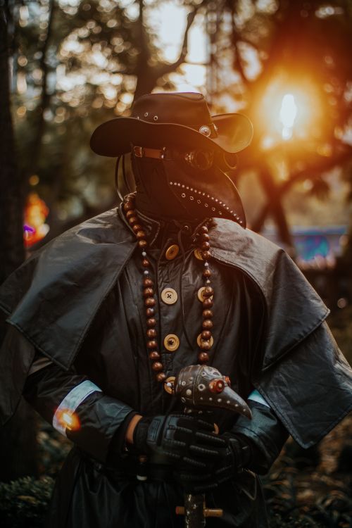 Free A figure dressed as a plague doctor stands in a forest at sunset, evoking mystery and historical intrigue. Stock Photo