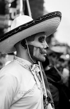 Side profile of a man with face paint for Dia de los Muertos celebration.