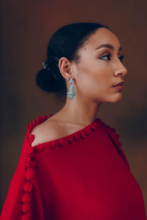 Free Portrait of a woman in a red dress with elegant earrings, Nigeria. Stock Photo