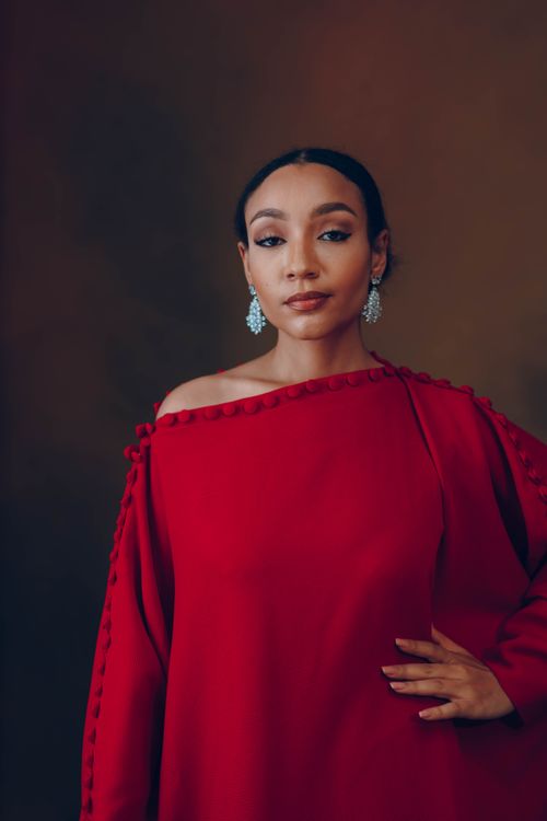 Free Portrait of a sophisticated woman in a red gown with elegant makeup and earrings. Stock Photo