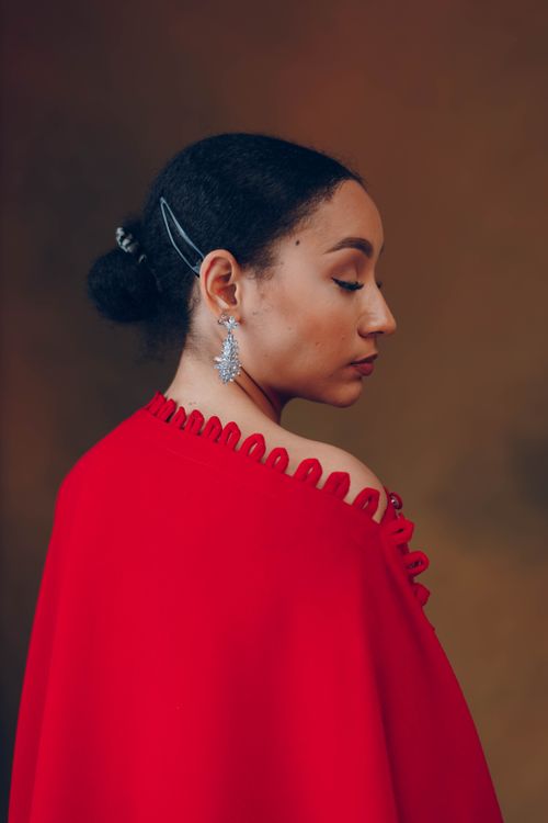 Free Artistic profile portrait of a woman in a vibrant red shawl with elegant earrings. Stock Photo