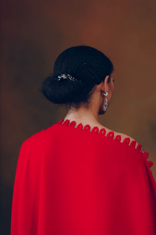 Free Rear view portrait of elegant woman in red gown with traditional hairstyle, Nigeria. Stock Photo