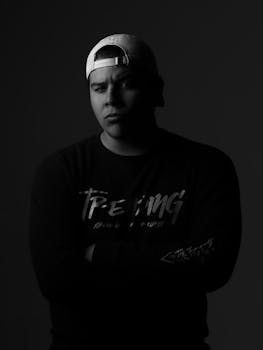 Intense black and white portrait of a young man wearing a cap.