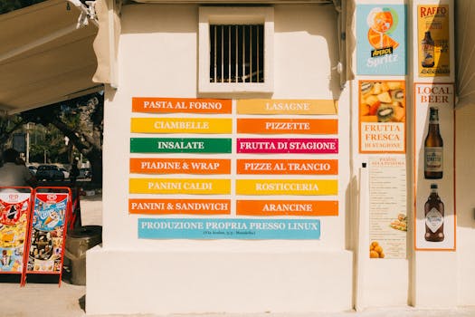 A vibrant food stand in Mondello, Palermo, Sicilia, showcasing traditional local dishes.