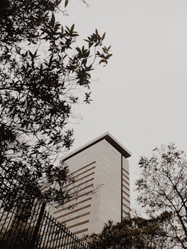 A modern high-rise in Alphaville, São Paulo, framed by trees under a cloudy sky.