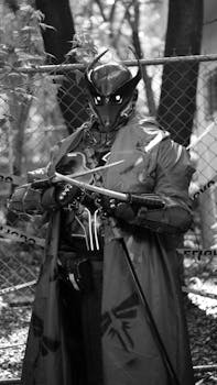 A futuristic samurai warrior stands with swords, in a black and white forest setting.