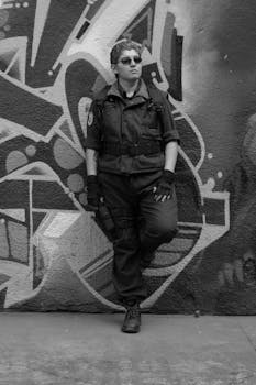 A tactical officer in uniform poses confidently against a vibrant graffiti wall in black and white.