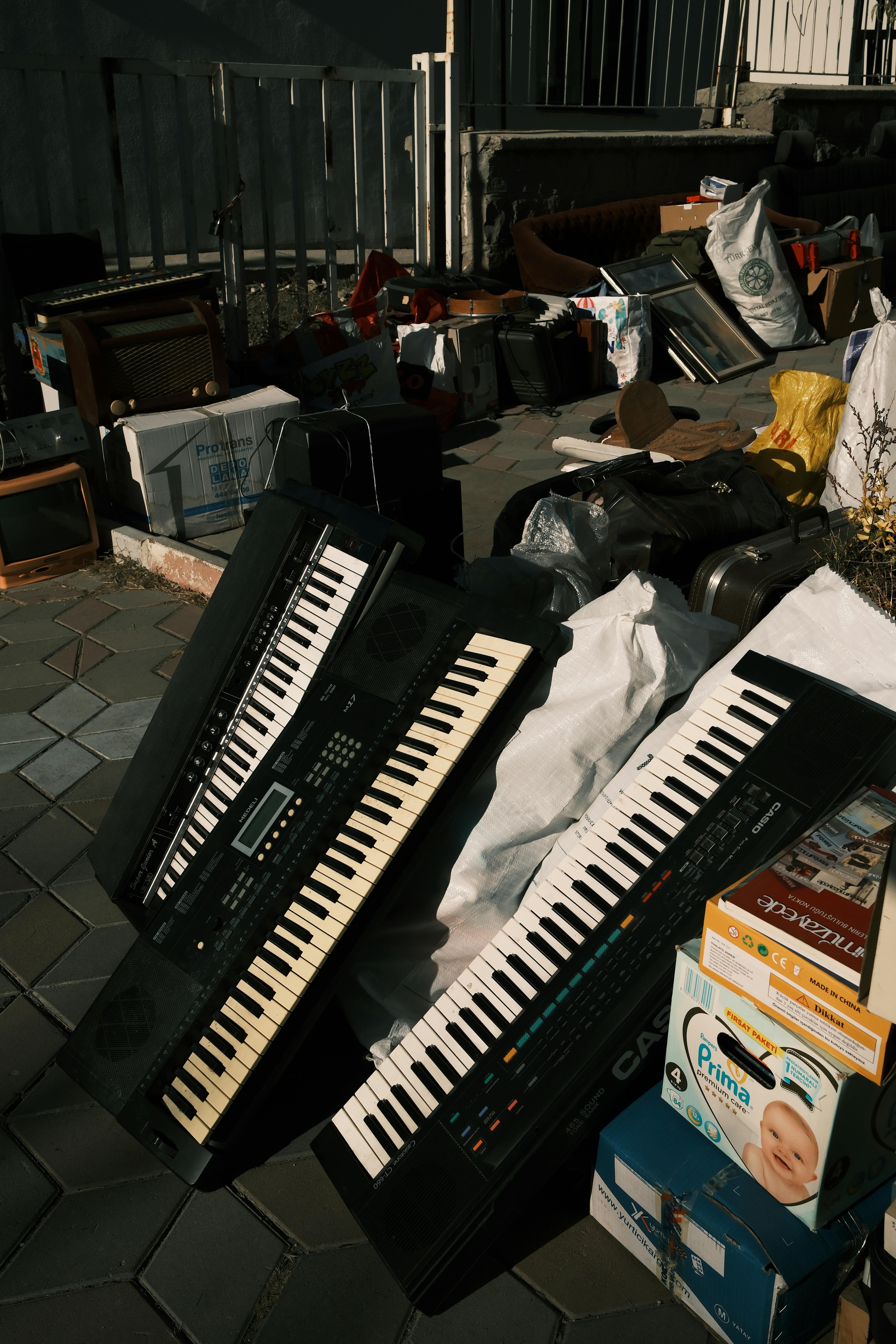 Garage sale items outdoors