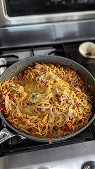 Delicious cheesy pasta with bell peppers cooked in a skillet, perfect for a hearty meal.