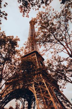 A beautiful view of the Eiffel Tower framed by autumn trees in a warm, vintage style.