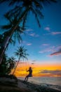 在马尔代夫，日落时分，一个人坐在棕榈树下的秋千上，形成了一幅美丽的剪影