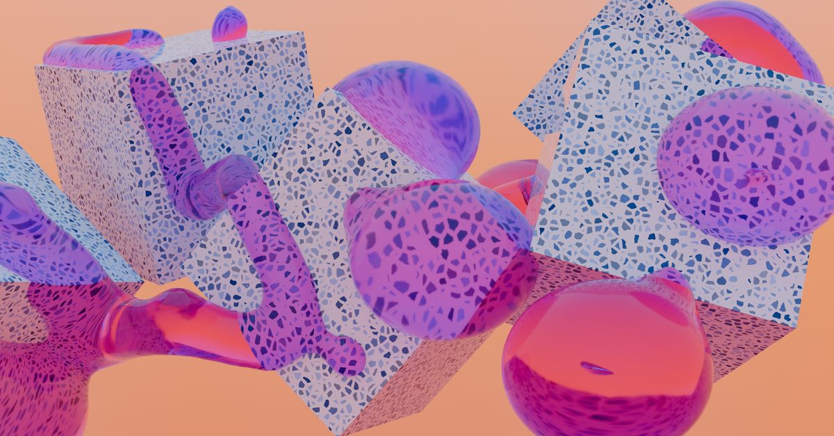 Colorful abstract 3D art with geometric shapes and reflective textures.