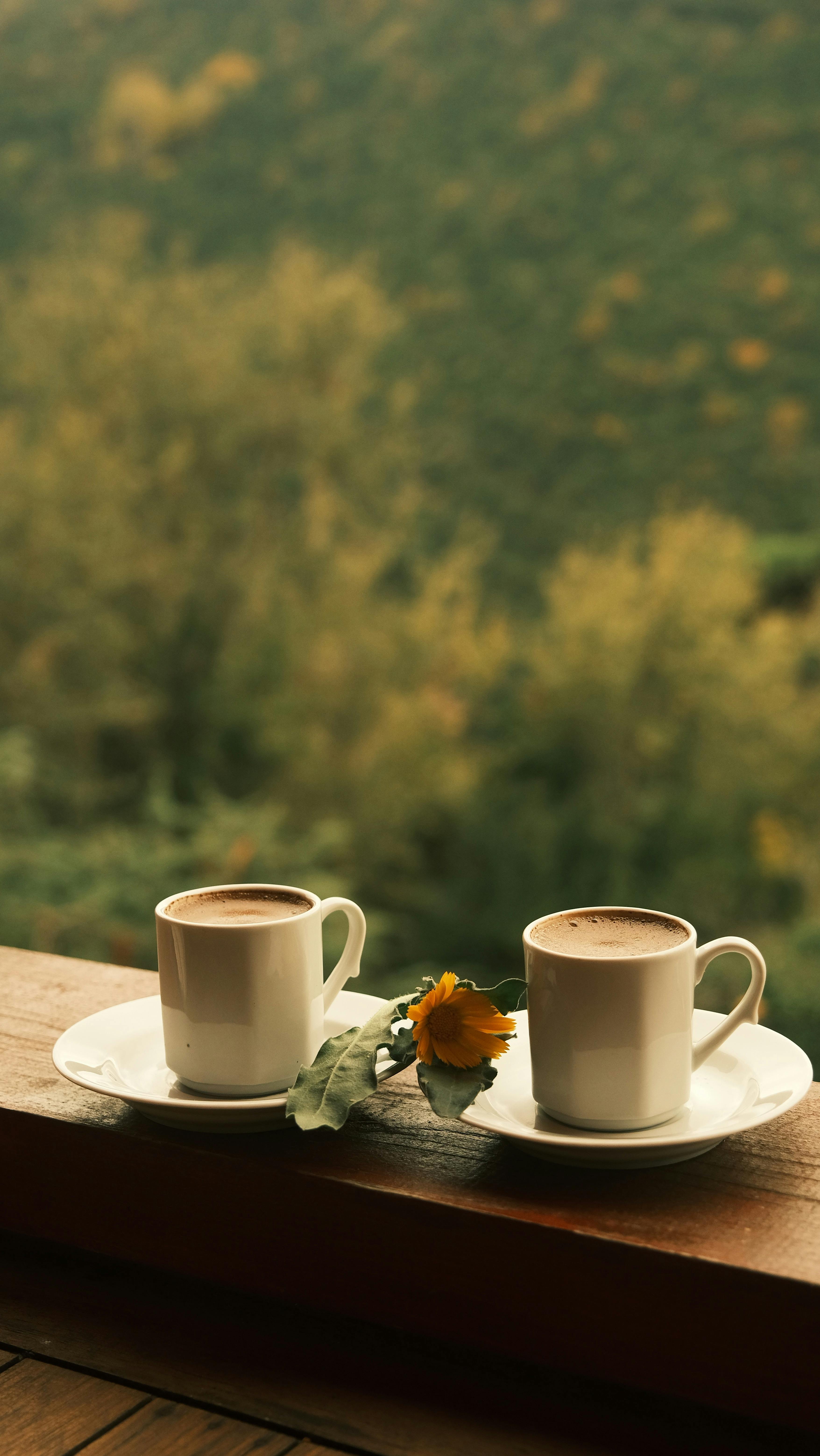 Two white coffee cups on a balcony with a scenic nature view.